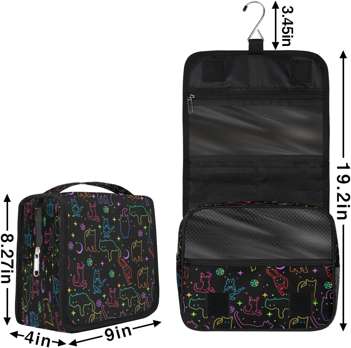 Hanging Toiletry Bag Black Cats, Makeup Cosmetic Bag Bathroom Travel Bag Organizer Large for Women Girls
