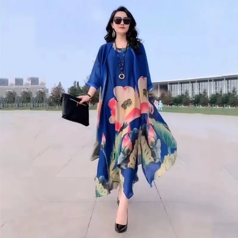 GraceBloom: Elegant Print Two-Piece Summer Dress Set for Women