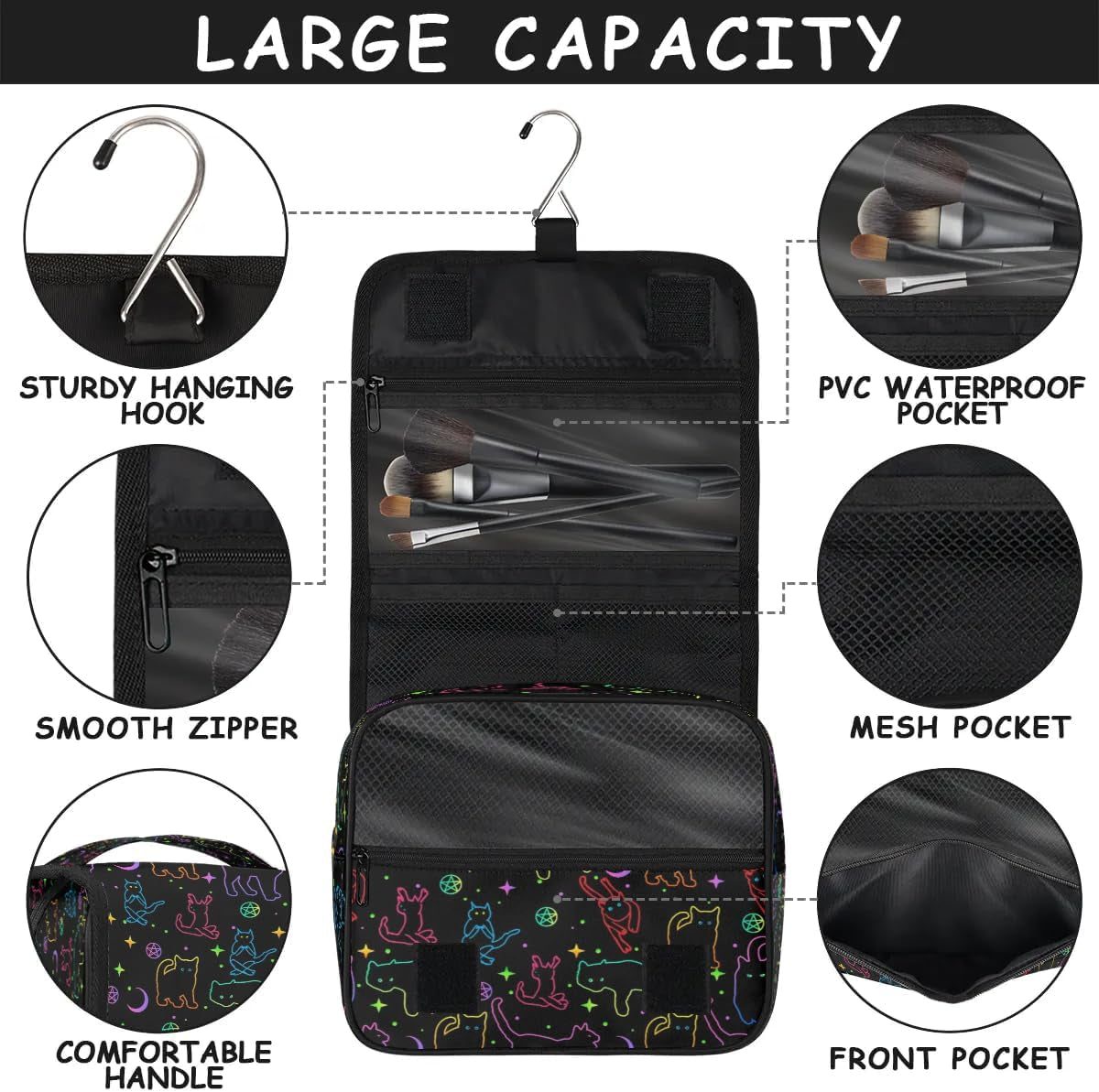 Hanging Toiletry Bag Black Cats, Makeup Cosmetic Bag Bathroom Travel Bag Organizer Large for Women Girls
