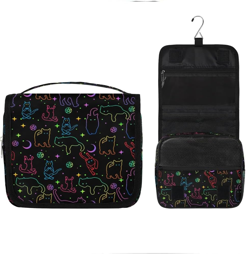 Hanging Toiletry Bag Black Cats, Makeup Cosmetic Bag Bathroom Travel Bag Organizer Large for Women Girls