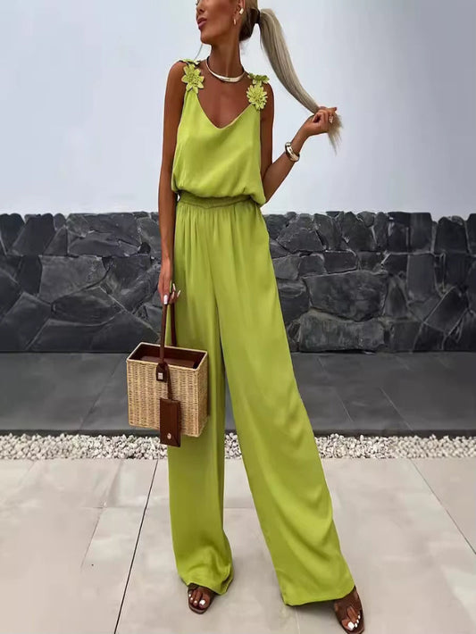 Summer Rompers Sleeveless Floral Suspenders Solid Color Casual Romper Loose Wide Leg Pants Ankle Length Fashion Jumpsuit Overall